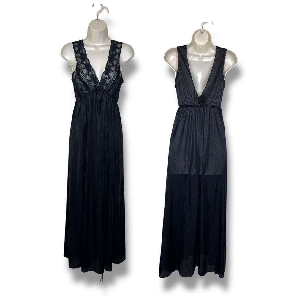 Vintage Texsheen Black Lace Nylon Long Nightgown Peignoir Chemise Women Small - Picture 1 of 14